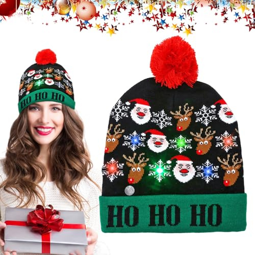 JOKILY Weihnachtsmütze, LED Weihnachtsmütze Erwachsene, Warme Wintermütze, Dehnbare Strickmütze, Leuchtende-Weihnachtsmütze für Weihnachtsfeier Damen Herren Kinder