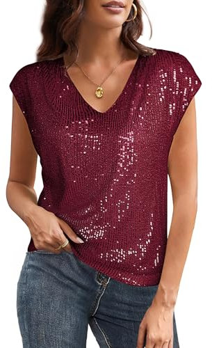 GRACE KARIN Women’s Plus Size Tops Sparkly Sequin Tops for Women UK Short Sleeve Sparkly Evening Party Top XXL Size 20 Wine