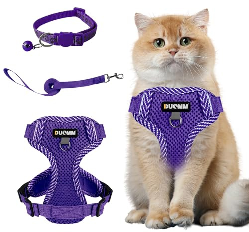 Muecleao Katzengeschirr mit Leine Ausbruchsicher, Katzenleine mit Geschirr für Katzen, Verstellbares Katzengeschirr Katzenhalsband mit Reflektierenden Streifen für Outdoor Training Gehen (Lila, M)