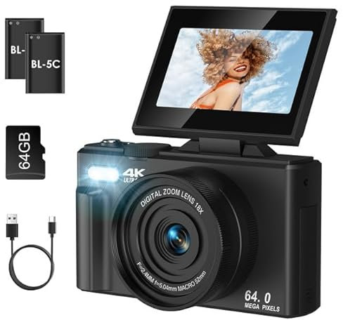 LAMA Appareil Photo numérique 5K 75MP Mini Appareil Photo numérique 3,0 avec Carte SD 64 G, écran Flip 180° Zoom 18X pour débutants, Enfants (Noir)