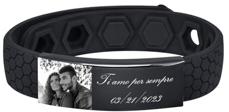 Vnox Bracciale Uomo Personalizzato con Foto: Bracciale in Silicone Nero| Bracciali Personalizzato con Incisione|Braccialetti Silicone Personalizzati per Papà Marito|Regali per lui