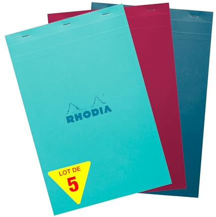 Rhodia 19100C - Packung mit 5 Notizblöcke/Schreibblöcke geheftet, COULEURS N°19, DIN A4+ (21x31,8cm), 80 Blatt kariert 80g, mikroperforiert, farbig sortiert, 1 Pack