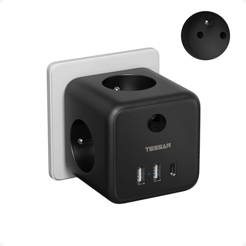 TESSAN 6 en 1 Chargeur USB C 15W, Multiprise Murale 3 Sortie AC avec 3 Ports USB, Prise Multiprise avec Interrupteur, Prise Murale Cube 2500W Compatible pour Téléphones et Électroménager, Noir