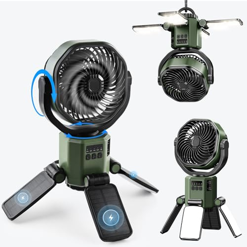 Nauttxon Ventilador solar de camping recargable, funciona con pilas, con 4 paneles solares y de luz, oscilantes automáticos, accesorios esenciales para camping, viajes, oficina, hogar, color verde