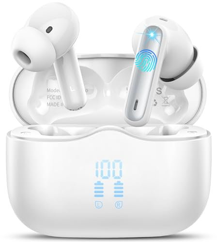 Auriculares Inalámbricos Bluetooth, Auriculares Bluetooth 5.4, 40H HiFi Estéreo Cascos Inalambricos con 4 Mic, Reducción de Ruido, IP7 Impermeable Audifonos con Pantalla LED, Carga Rápida, Blanco