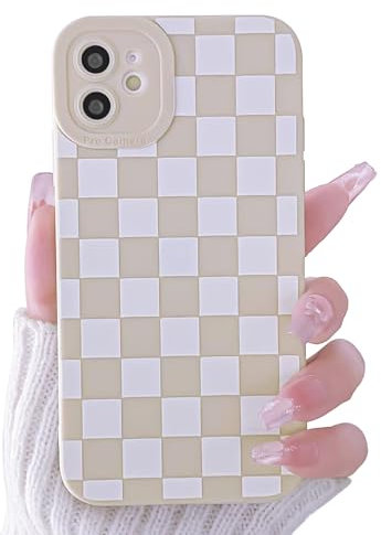 NITITOP Compatible with iPhone 12 Case Cute White Checkerboard Checkered Aesthetic Pattern for Women Girl Lattice Plaid Soft TPU Shockproof Full Camera Protection Cover - White