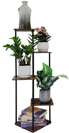 honzhaoyu Blumenständer Pflanzenständer Pflanzenregal Blumenregal Blumentreppe für Mehrere Pflanzen, Holz Metall Innen Außen 5 Etagen für Balkon, Wohnzimmer (Bräunlich)