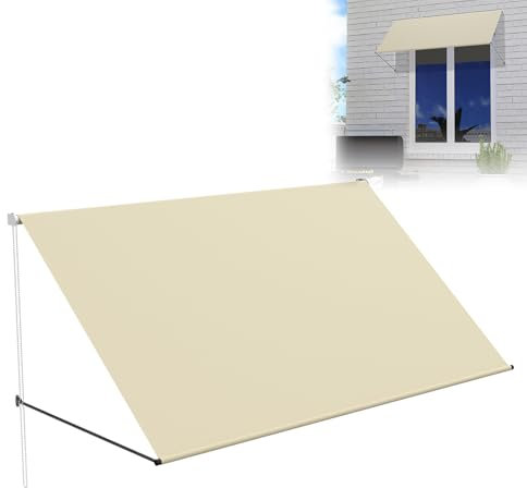 LZQ Toldo para balcón, 150 x 143 cm, sombreado con protección UV, dispensador de sombra, ventana de 180 g/m², tejido de poliéster, marco de aluminio, toldo con brazo caído, impermeable, color beige