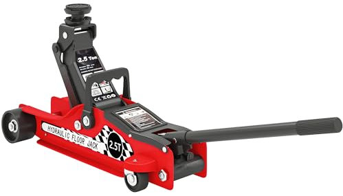 HOMCOM Gato hidráulico, Gato de maniobra extraplano, Carga máxima 2500 kg, con Rango de elevación de 80 a 360 mm, Ruedas, asa Superior, Acero, para Coche, camión, Moto, ATV, Rojo