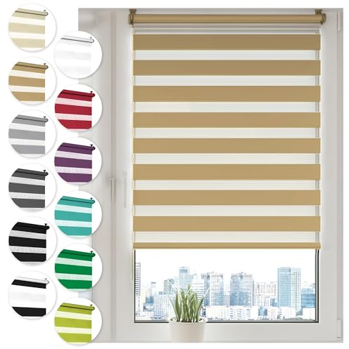 Doppelrollo Klemmfix ohne Bohren 55cm x 100cm Beige Duo Rollo Klemmrollo Sonnenschutzrollo Fensterrollo für Fenster & Türen Zebrarollo Seitenzugrollo