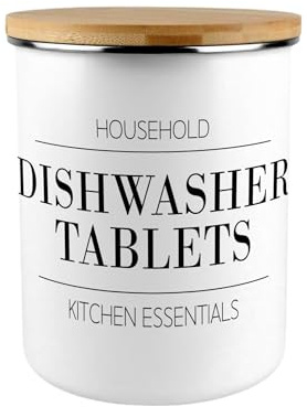 Minimalist Dishwasher Tablets Canister - Modern Black & White Home/Kitchen Large Enamel Cleaning Storage Jar Gift