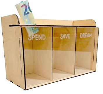 Wooden World – Dreifach-Sparbüchse aus Holz mit Transparent-Front – 3 Fächer „Spend, Save, Dream“ – Spardosen-Organizer, Geschenk & DIY-Dekoration
