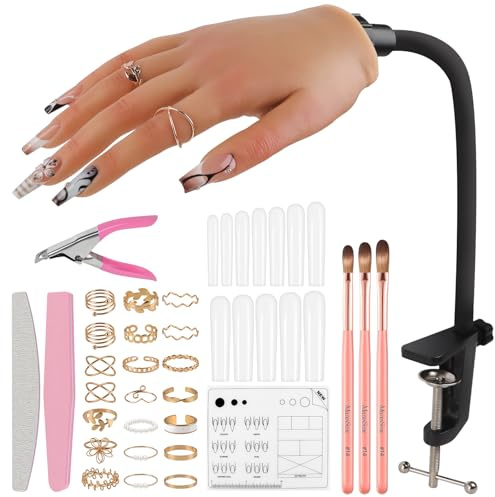 EBANKU Silikon Übungshand für Nageldesign, Flexibel Biegbare Trainingshand | Übungshand für Gelnägel mit Halterung, Wiederverwendbare Realistische Fake Hand für Anfänger & Professionelles Nageldesign