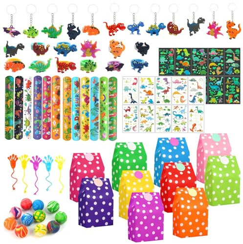 QITIXI:OU Dino Mitgebsel Kindergeburtstag Jungs mit Ring, Schlüsselanhänger, Schnapparmband, Geschenktüte mit Aufkleber, Dino Tattoo Kinder, Hüpfball, Partygeschenke für Geburtstage