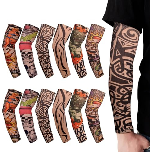 SAIIURV 12 Pieces Fake Temporary Cool Tattoo Sleeves, Art Arm Fake Tattoo Sleeves Cover for Men Women, Nylon Elastic Arm Stockings Halloween Hip Hop Sun Block for Festivals (Black)