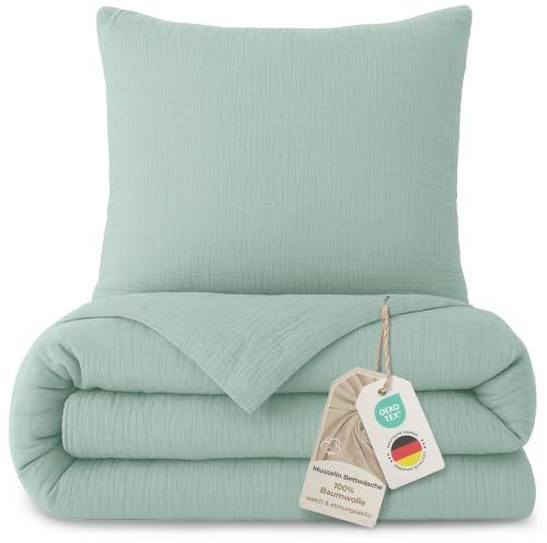LAYNENBURG Premium Musselin Bettwäsche 155x220 cm + 80x80 cm - Oeko-Tex – 100% Baumwolle – atmungsaktiv & bügelfrei – 3 lagiges Musselin mit Reißverschluss & Haltebändern (mintgrün)