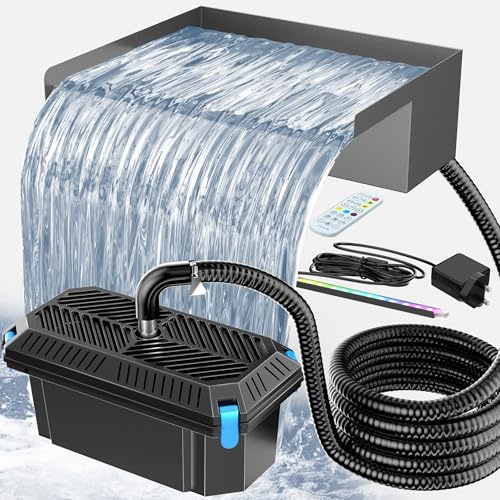 POPOSOAP Pond Waterfall with 3-Stage Pond Filter Kit for Garden Ponds | 30cm Wide Stainless Steel Waterfall Spillway with 2500 L/h Pond Pump, RGB LED Lights for Fish Pond Streams