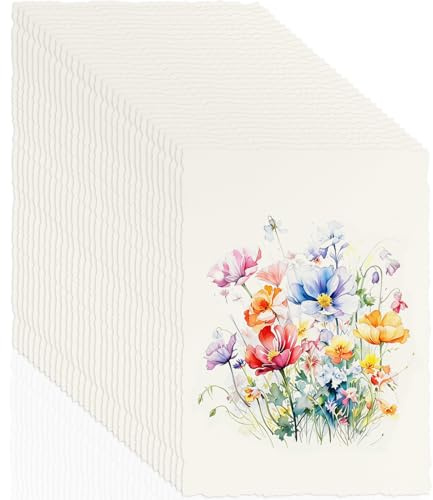 50 Hojas Papel Hecho a Mano A5, 21 x 14.8 cm Bordes Asperos Papel Acuarela | 160GSM Papel de Colores Texturizado Prensado en Frío Hecho de Algodón, para Invitaciones, Escritura y Dibujo