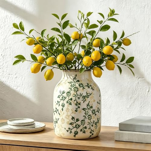 Green and Beige Antique Vase - 8 Inch Ceramic Vases for Flowers Rustic Decorative Vases for Minimalist Modern Home Decor, Living Room, Bookshelf, Office, Entryway, Chinoiserie Decor, Tuscan Decor