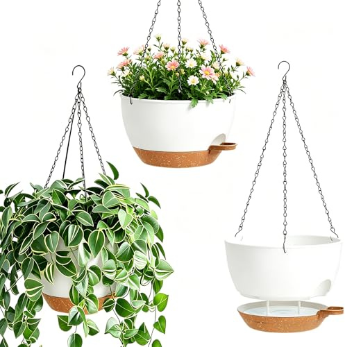 BOYIFEIJIE Juego de 3 cestas colgantes para plantas, 25 cm, con sistema de riego, maceta colgante para interior y exterior, balcón, salón (blanco)