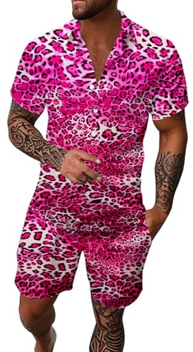 Ensemble de vêtements de plage hawaïens pour homme - Ensemble t-shirt et short à manches courtes pour homme - Tenue d'été décontractée - Chemise et pantalon élégants avec motif léopard - Tissu