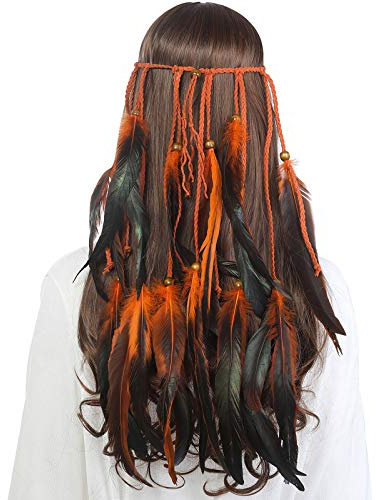 AWAYTR Feder Kopfschmuck Boho Hippie Stirnband - Fancy Federschmuck Böhmische Kopfbedeckung Quaste für Damen Mädchen Karneval Kopfschmuck, Orange, Einheitsgröße