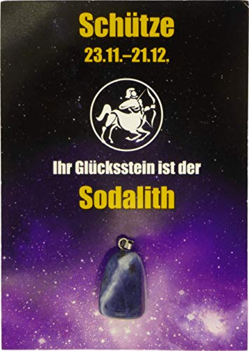 Metavio Edelstein-Sternzeichenanhänger | Glücksstein für die Sternzeichen mit Infokärtchen (Schütze - Sodalith)