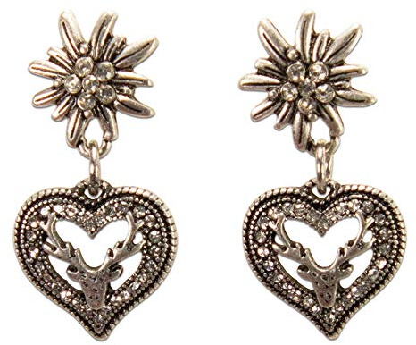Alpenflüstern Trachten-Ohrstecker Strass-Edelweiß Strassherz-Hirsch - Damen-Trachtenschmuck, Trachten-Ohrringe (antik-silber-farben) DOR051