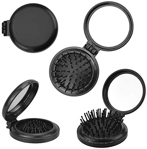 AFASOES 4 Stück Haarbürste klappbar Schwarz Klappbürste Mini Klapphaarbürste mit Spiegel Reisehaarbürste Faltbare Reisespiegel Haarkamm für Frauen Mädchen Reisen Schule Campingausflüge