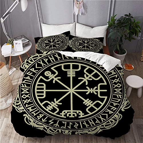 KIMDFACE Magic Runic Compass Vegvisir im Kreis der nordischen Runen und Drachen,Mikrofaser Bettwäsche 220x240cm,Reißverschluss Bettbezug 2 Kissenbezug 50x80cm