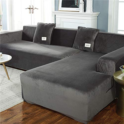 OKJK Verdickte Plüsch sofabezug, mit Kissenbezug für Wohnzimmer L-Form Chaiselongue-Sofa (2 Stück zu bestellen), elastische rutschfeste sofaüberwurf (Dark Grey,4-Seater 235-300cm)