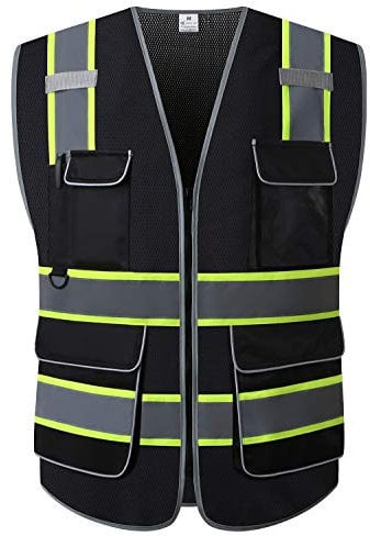 UNINOVA Warnweste mit mehreren Taschen, reflektierendes Netzgewebe, atmungsaktiv, Arbeitskleidung, ANSI/ISEA-Standards (groß, schwarzes Mesh-02)