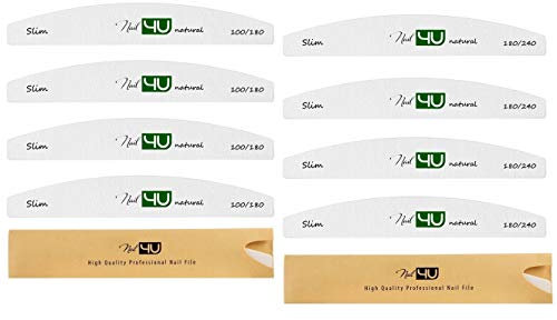Set of 10 Slim Half Moon Nail Files Natural Series 5x 100/180 grit, 5x 180/240 grit Nail4U Professional Nail File, Emery Board Manicure Pedicure