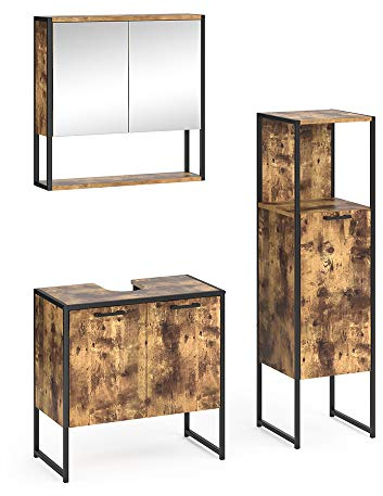 Vicco Badmöbel-Set Fyrk, Badezimmerschrank-Set, Eiche rustikal/Schwarz, 3 Teile
