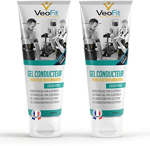 VEOFIT Leitfähiges Elektroden Kontakt Gel Eukalyptus 2x250mL für EMS TENS Geräte, Elektrostimulatoren, Elektroden Pads – Verbessert den Elektrodenkontakt und schützt die Haut