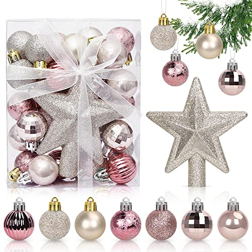 Decoracion de Bolas Arbol de Navidad Blanco Oro Rosa 3CM, 30 pcs, Mini Adornos, Esferas de Plastico, Regalos Colgantes