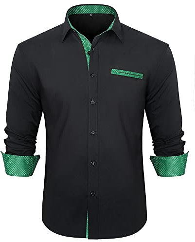 HISDERN Men's Shirts Long Sleeve Black Dress Shirt Regular Fit Formal Casual Non Iron Button Down Christmas Shirts for Adult,Black & Green,L