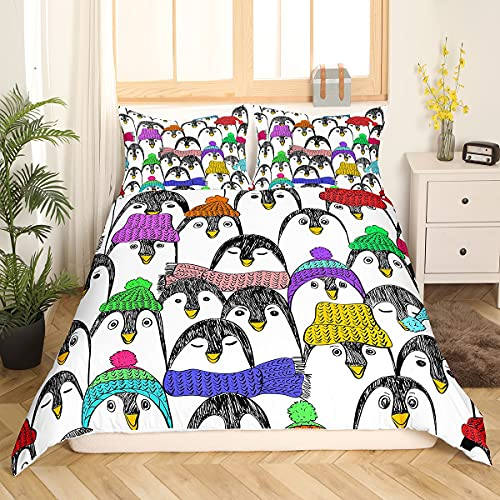 Homemissing Pinguin Bettwäsche Set 220x240cm für Kinder Jungen Mädchen Niedlich Polar Tier Betten Set Schwarz Weiß Lustiges Tier mit Buntem Schal Mütze Bettbezug Set Karikatur Schlafzimmer Dekor