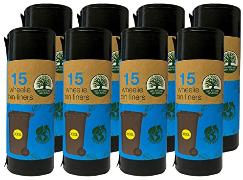 AMOS 15 Wheelie Bin Extra Large Liners 300L Black 100% Recyclable Dustbin Rubbish Tip Refuse Sacks Waste Garbage Big Bags 230 x 143cm (120 Bags)