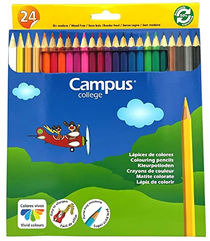 Campus – Lápices de Colores, Caja de 24 Colores Sin Madera para Dibujar y Colorear, Lápices Hexagonales de Colores Intensos, Pinturas de Mina Resistente Para Uso Escolar, Colores Variados (Pack de 24)
