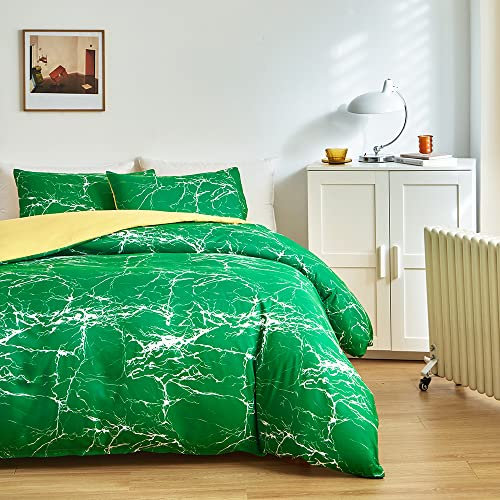ARYURBU Bettwäsche 135x200 cm Set 2teilig Grün 1x Bettbezug 135x200cm und 1x Kissenbezug 80x80cm Mikrofaser Marmoriert Weiß Marmor Blitzmuster für Einzelbett mit Reißverschluss Bügelfrei