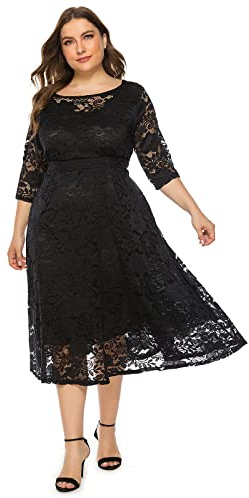 Odizli Kleider Große Größen Festlich Abendkleid Lang Elegant für Hochzeit Gast Mollige Frauen 3/4 Ärmel Spitzenkleid Damen Hochzeitsgast Coctailkleid Abschlusskleider Festkleider Abikleid Schwarz 5XL