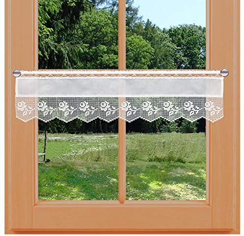 Scheibengardine Lina Rose Vogtländische Spitze im Landhausstil | Bildschöner Scheibenhänger Blumen in Häkeloptik weiß | Rustikale Spitzengardine im Filethäkel-Stil | Höhe x Breite 20 x 80 cm