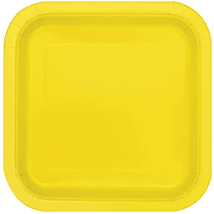 Trimming Shop Lot de 14 Assiettes à Dessert carrées résistantes de 23 cm, Jaune Fluo, Assiettes jetables de 23 cm, Vaisselle en Papier