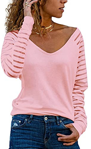 Homlan T-shirt à manches longues, col en V et rayures en mesh, coupe élégante, ample et décontractée, pour femme, Rose, S