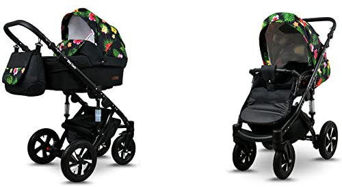 BabyLux® Sky Lark 2-in-1 Baby Kinderwagen Tief und Kinderwagen mit Zubehör Verstellbar und faltbar Aluminiumkonstruktion Wasserdicht Nicht abnehmbare Räder Paradise Flowers Black Frame