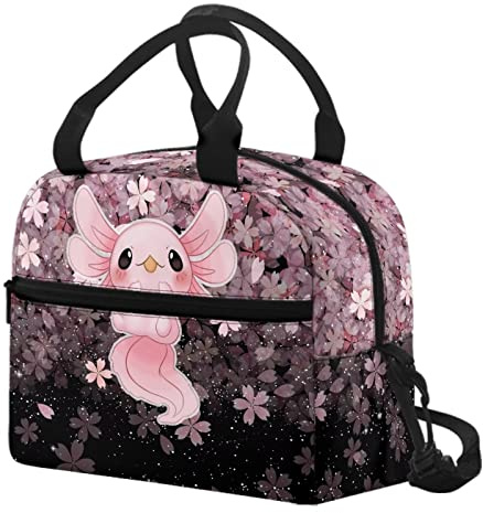 HELLHERO Cute Sakura Axolotl Lunch Bag for Women Teen Girls Insulated Lunch Bags Crossbody Lunchbox Tote Handbag Purse with Water Bottle Holder for Travel Picnic Workout Office Pink