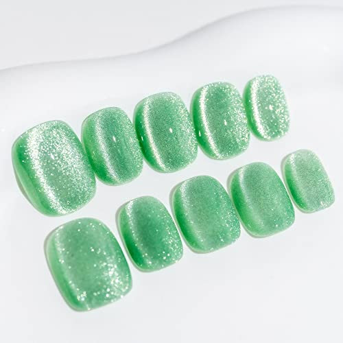 Sun&Beam Nails Handmade Press On Short Round with Mint Green Cat Eye Design Charm Cute False Nail Tips 10 Pcs (#97 S)