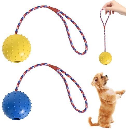 Naturgummiball Mit Seil Hundespielzeug - Gelb & Blau, Empfindliche Farben Für Hunde, Welpenspielzeug, Wurfball, Ball Mit Schnur, Haustier Ball (ø 7 X 30)