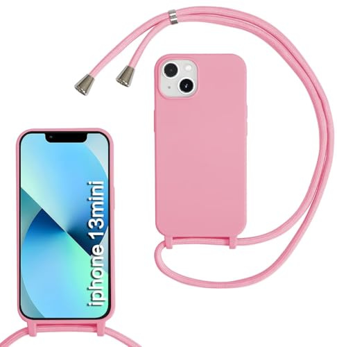 SLWYF Compatible with iPhone 13 Mini Crossbody Lanyard Case, Liquid Silicone Protective Phone Case with Strap Adjustable Neck Cord Necklace Soft Cover for iPhone 13 Mini, Pink